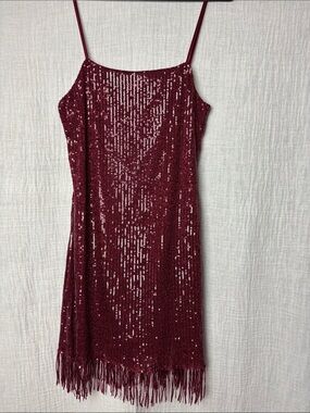 Trixxi Sequined Fringe Slip Dress in Burgundy Red Women's size M